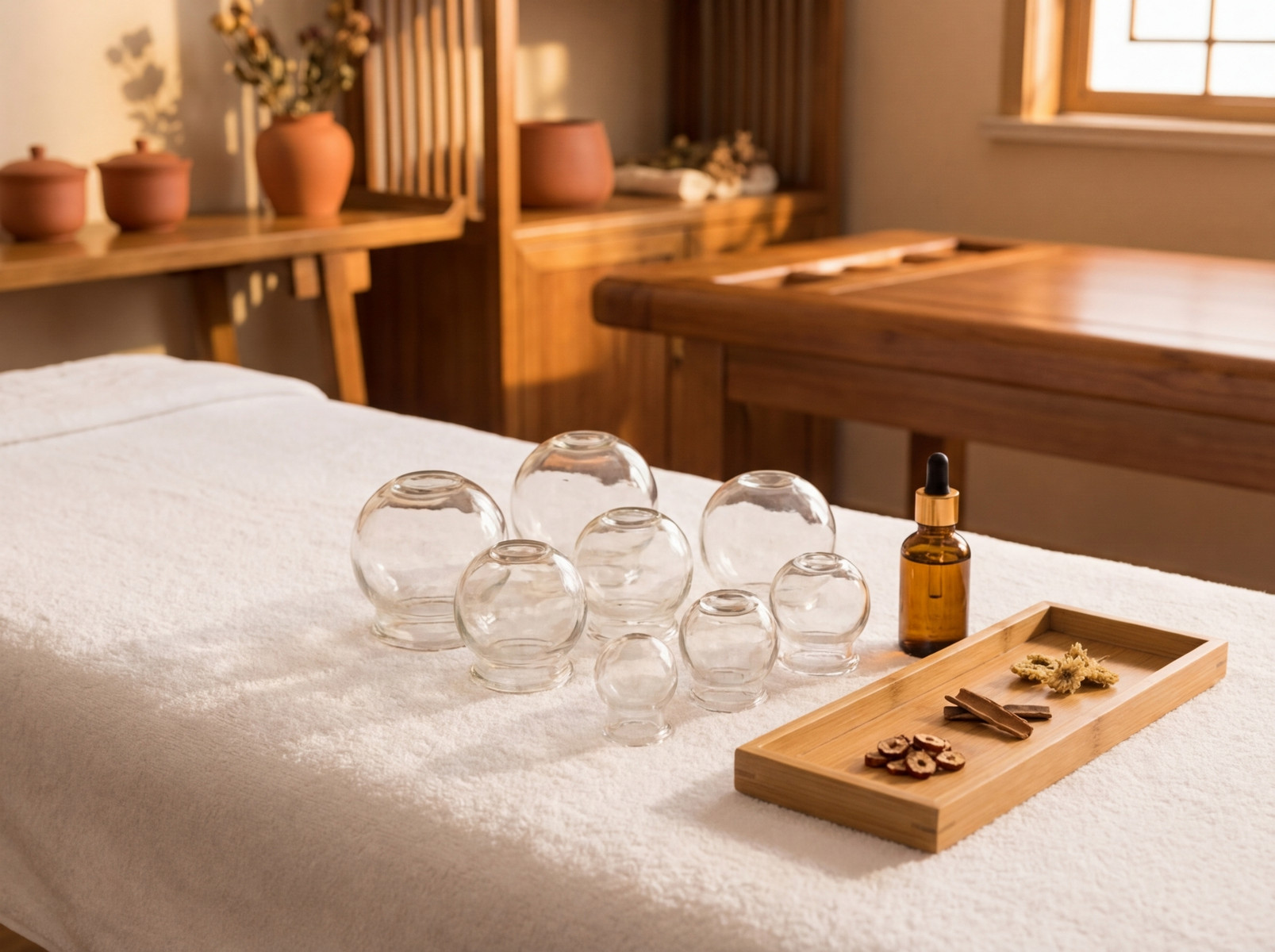 Cupping therapy equipment in a treatment room