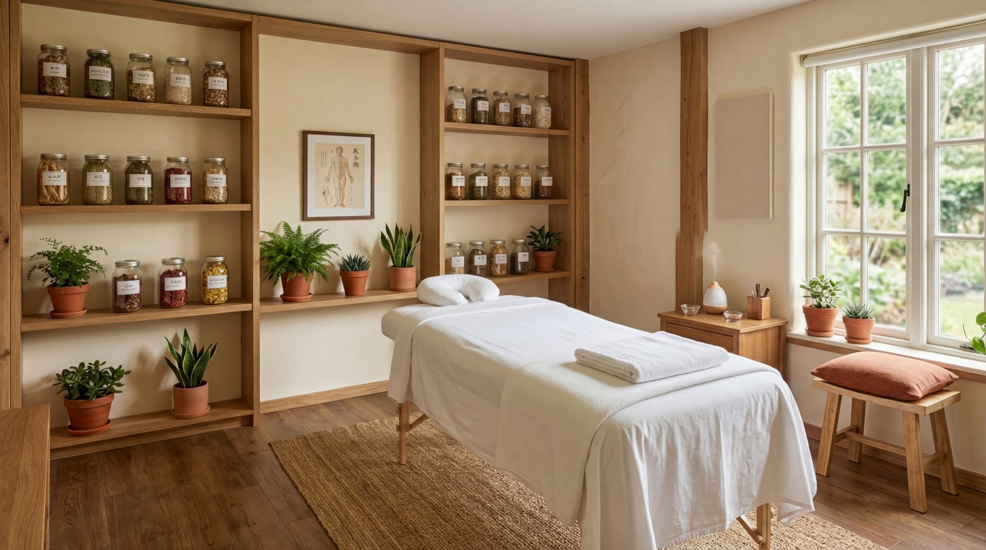 Serene acupuncture treatment room with warm lighting and natural elements